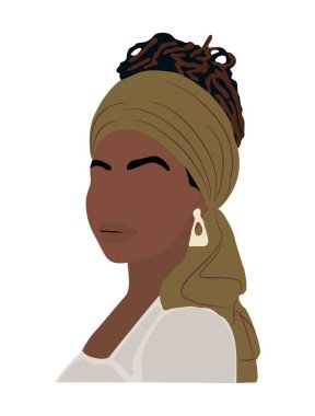 Kadın Baskısı için soyut Siyah Kadın Portresi, Boho Kız Duvarı Sanatı, Orta Çağ modern tasarımı, avatarlar, çıkartmalar. Türban Vektör illüstrasyonlu şık afro kadın. Beyaz arka planda Dünya Tonları 'nda..
