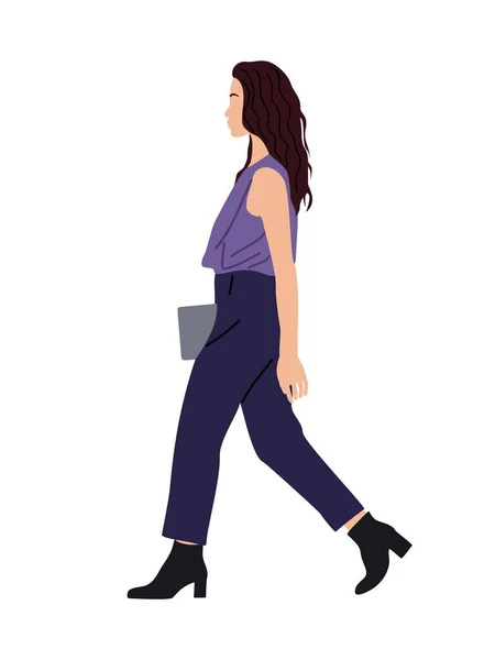 Mujer Negocios Caminando Vista Lateral Chica Bonita Primavera Informal Inteligente — Vector de stock