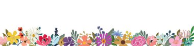 Yatay çiçek afişi, kenar, zemin kaplaması, çok renkli çiçek ve yapraklarla süslenmiş. Beyaz arkaplanda bahar botanik düz vektör çizimi.