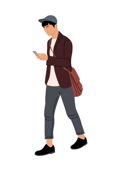 年轻人一边走一边看 英俊的小伙子穿着时髦的休闲装 带着电话 在现代街头时尚中 时髦的男性形象看上去像是在发短信 在手机上聊天 矢量逼真说明 — 图库矢量图片