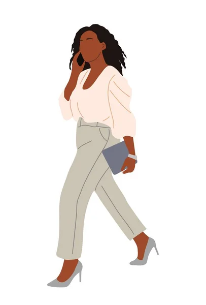 Siyah Kadını Akıllı Telefonuyla Yan Gözle Yürüyor Güzel Afro Amerikan — Stok Vektör