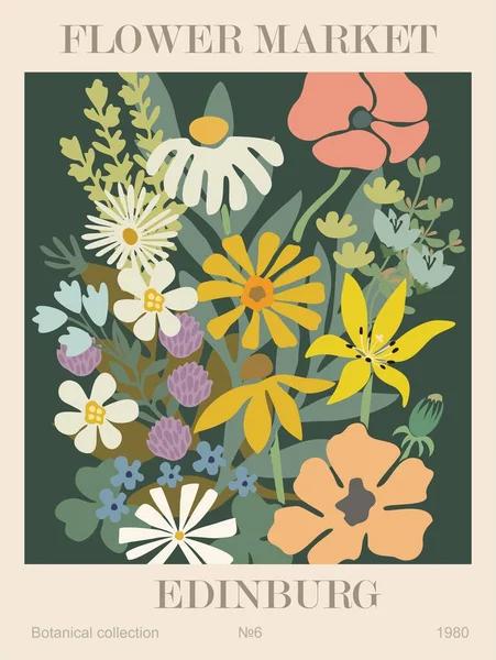 stock vector Abstract Flower Market Edinburg poster. Trendy botanical wall art with floral design in sage green colors. Modern naive groovy funky interior decoration, painting, print. Vector art background.