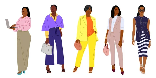 ブラックビジネス女性ベクトルイラストセット ラップトップ バッグ 立って歩くとファッショナブルなスマートカジュアルオフィスの服で魅力的なアフリカ系アメリカ人のビジネス女性 白地に隔離された — ストックベクタ