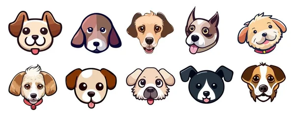 Jogo Cabeças Cães Raças Diferentes Cães Bonitos Doodle Vetor Ilustrações —  Vetores de Stock