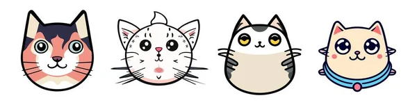 漫画の落書きスタイルのベクトルアイコンでかわいい猫の顔のセット シンプルなアウトラインの猫の頭の絵文字写真 可愛くて面白い猫や子猫のキャラクター 白い背景に隔離されたペット動物 — ストックベクタ