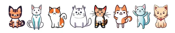 Set Cute Cats Cartoon Doodle Style Vector Icons Simple Outline — Stock Vector