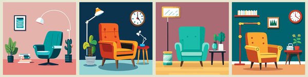 Collection of interiors with stylish armchairs and home decorations. Bundle of cozy living rooms or apartments with furniture in trendy Mid century modern style. Cartoon flat vector illustrations.