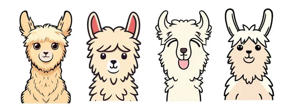 Llama Alpaca Doodle Animale Icona Set Faccia Collo Capelli Soffici — Vettoriale Stock