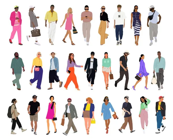 stock vector Bundle of Various people walking front, side view. Modern men and women different ethnicities, ages and body types in fashionable smart casual outfits. Vector illustrations isolated, white background.