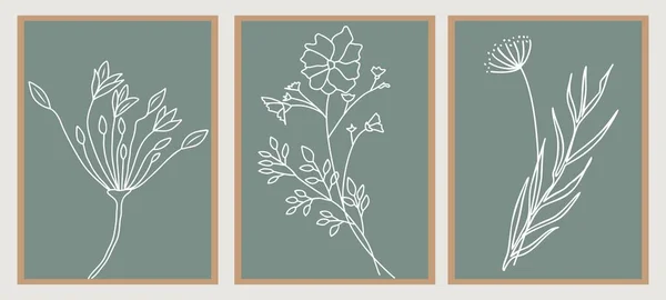 Kleine Wilde Bloemen Line Drawing Print Set Botanische Salie Groene — Stockvector