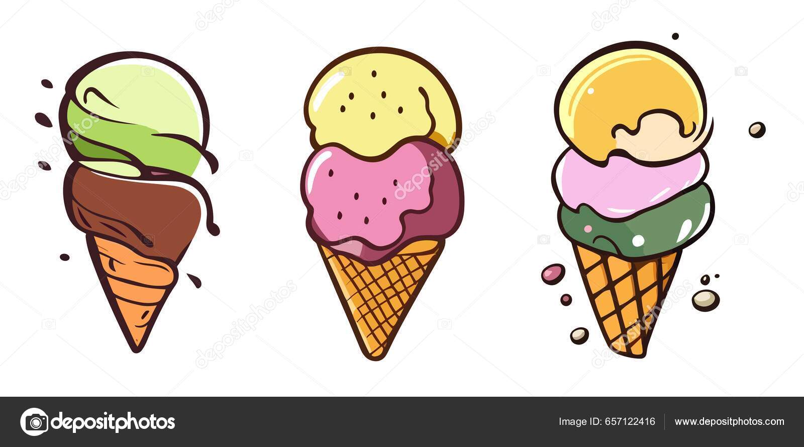 cone de waffle de sorvete kawaii isolado no fundo branco. sorvete com  carinha feliz e fofa no estilo doodle. livro de colorir. ilustração  vetorial 11589444 Vetor no Vecteezy