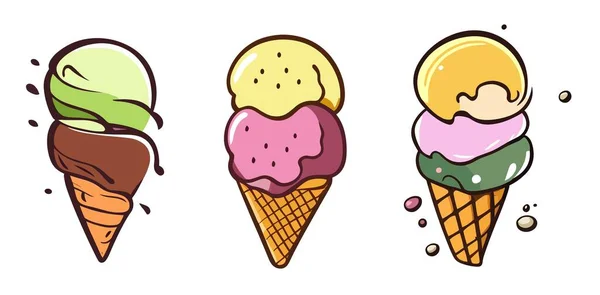 Dondurma Karalama Ikonları Seti Farklı Tatlarda Dondurma Kepçeleriyle Waffle Külahları — Stok Vektör