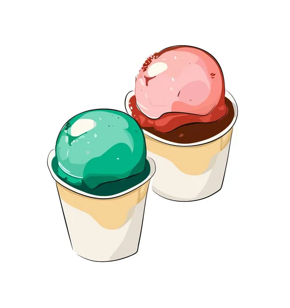 冰淇淋卡通涂鸦图标 纸杯加一勺不同口味的冰淇淋 色彩艳丽的冰淇淋球 在白色背景上孤立的彩色平面矢量图 — 图库矢量图片