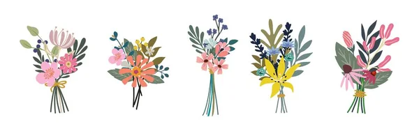 Schöne Sträuße Von Bunten Blumen Vektor Flache Illustrationen Gesetzt Sammlung — Stockvektor