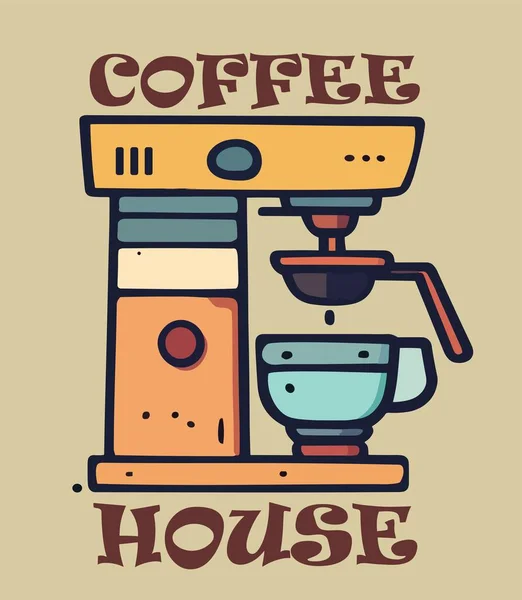 Kawiarnia Ikona Kawiarni Napis Wektorowym Ekspresem Kawy Retro Cappuccino Latte — Wektor stockowy