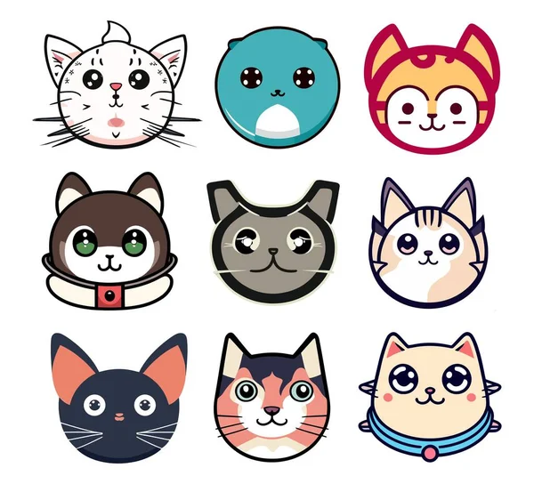 Σύνολο Χαριτωμένα Πρόσωπα Γάτα Κινούμενα Σχέδια Doodle Στυλ Διανυσματικά Εικονίδια — Διανυσματικό Αρχείο