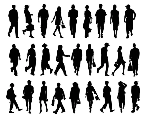 Silhouettes Business People Walking Men Women Full Length Front Side — Stock Vector