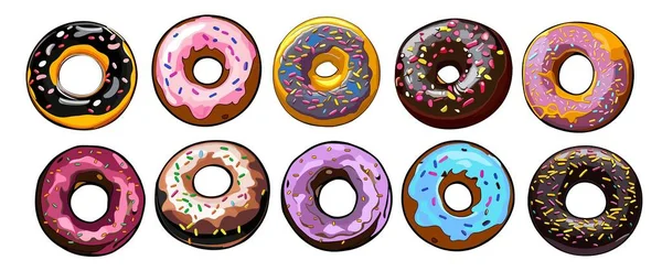 Donut Vector Set Isolated White Background Doughnuts Collection Sweet Sugar — Stock Vector