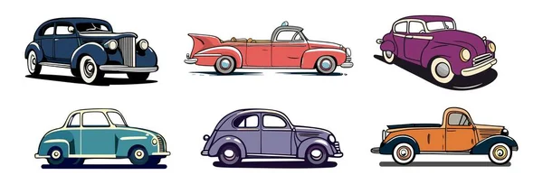 Conjunto Carros Antigos Desenhos Animados Estilo Desenhado Mão Retro Doodle — Vetor de Stock
