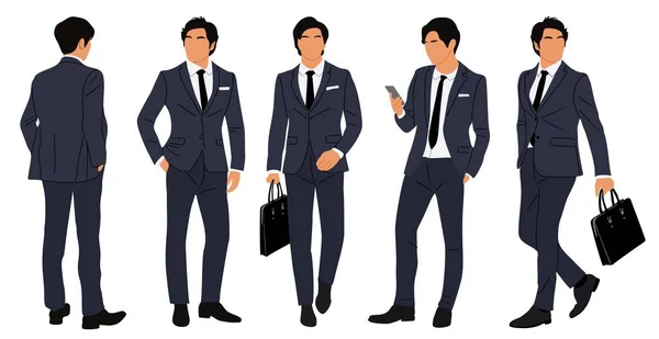 ビジネスマンのキャラクターの異なるポーズのセット ハンサムな若い男が正式なスーツ立って歩くと フロント バックとサイドビューを使用して身に着けている 白に隔離されたベクトル現実的なイラスト — ストックベクタ