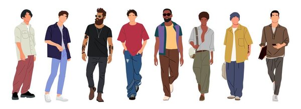 Уличная мода мужчин векторная иллюстрация. Различные мужчины, одетые в модный современный уличный стиль летний наряд стоя и пешком. Векторная реалистичная иллюстрация в стиле мультфильма на белом фоне.