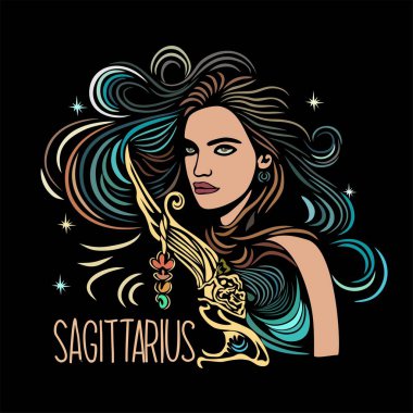 Sagittarius Zodiac, siyah arka planda güzel bir kızın el çizimi vektör rengi çizimini imzaladı. Sihirli kadın karakteri olan çağdaş bir astrolojik sembol. Modern tasarım duvar sanatı, tişört, dövme..