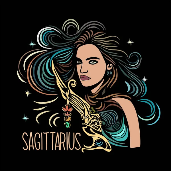 Sagittarius Zodiac Sign Beautiful Girl Hand Drawn Vector Color Illustration — Stock Vector