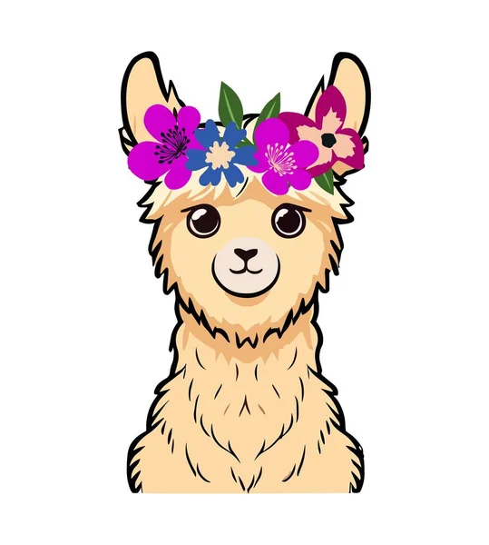 Llama Alpaca Con Flores Verano Garabato Animal Icono Cuello Facial — Archivo Imágenes Vectoriales