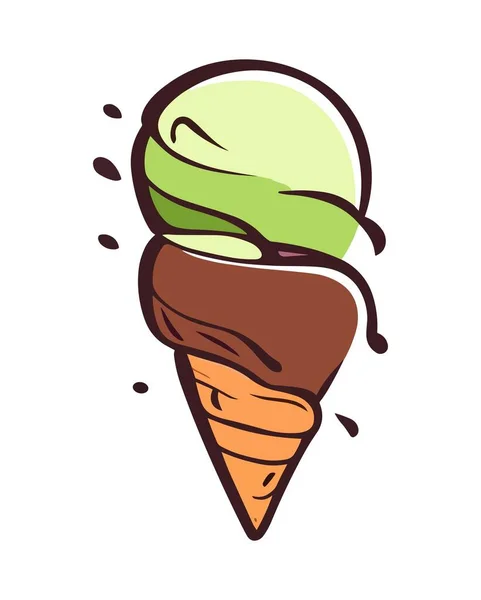 Ice Cream Cartoon Doodle Icon Waffle Cone Scoops Ice Cream — Stock Vector