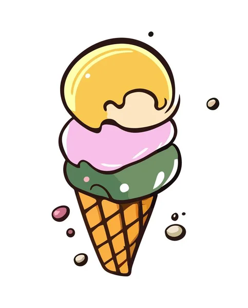 アイスクリーム漫画の落書きアイコン 異なる味のアイスクリームのスクープとワッフルコーン カラフルなアイスクリームボール 白い背景に隔離されたカラーフラットベクトルイラスト — ストックベクタ
