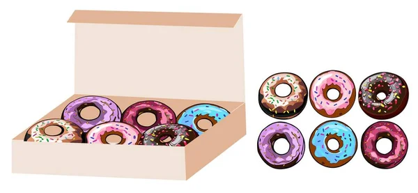 Renkli Şekerle Kaplanmış Donutlar Çikolata Kreması Karton Kutuda Serpiştirilmiş Şekerler — Stok Vektör