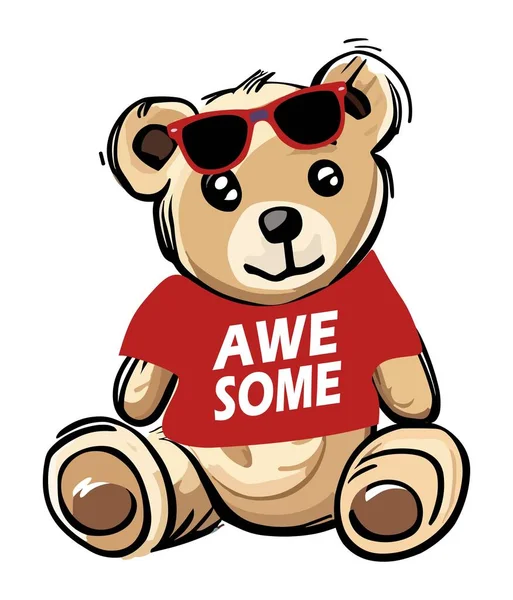 Urso Pelúcia Impressionante Óculos Sol Vermelhos Shirt Boneca Urso Bonito —  Vetores de Stock