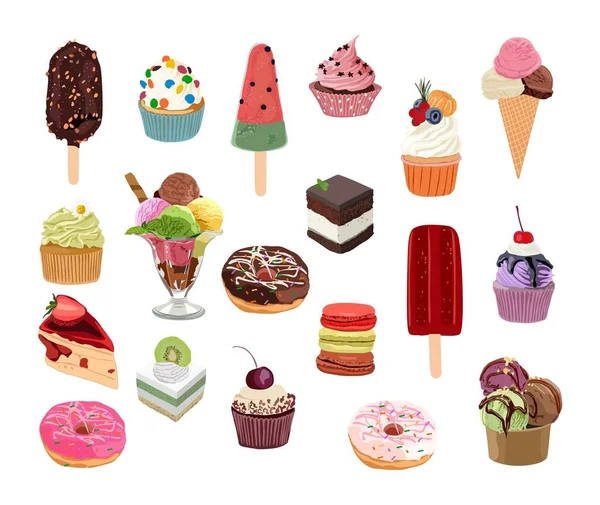 Ζαχαροπλαστική Ντόνατς Cupcakes Παγωτό Μακαρόν Διακοσμημένο Μούρα Σοκολάτα Φρούτα Σετ — Διανυσματικό Αρχείο
