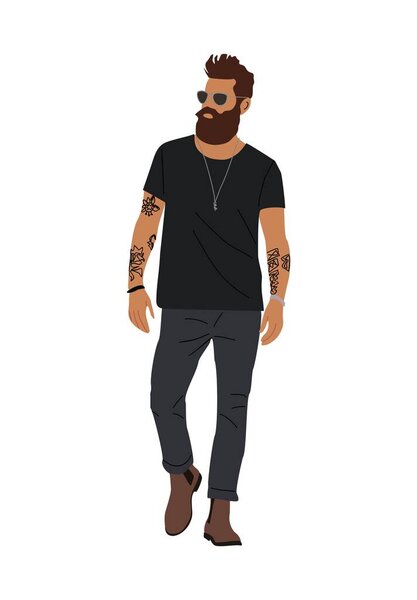 Stylish man in street fashion outfit. Bearded guy wearing modern casual clothes, black jeans, t-shirt, sunglasses with tattoo. Vector realistic illustration isolated on white background.
