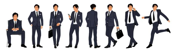 ビジネスマンのキャラクターの異なるポーズのセット ハンサムな若い男が正式なスーツを着て立って 歩くと 座って 実行して ブリーフケースで 白に隔離されたベクトル現実的なイラスト — ストックベクタ