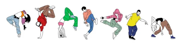Ensemble Danseurs Adolescents Hip Hop Dessin Vectoriel Contour Breakdance Isolé — Image vectorielle