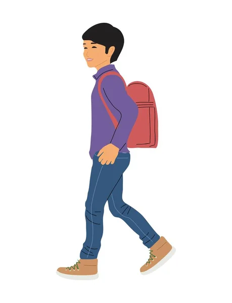 Junge Fuß Zur Schule Mit Rucksack Seitenansicht Kind Vektor Illustration — Stockvektor