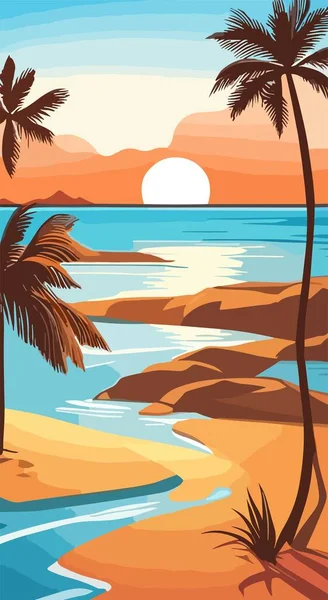 Palmiye Ağaçları Deniz Olan Tropik Bir Sahil Güneş Batarken Okyanusta — Stok Vektör