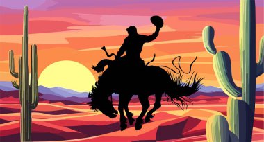 Silhouette of a cowboy riding a horse at Desert landscape. Texas western mountains and cactuses background. Vector illustration of Wild West desert. Design element banner, flyer, card, sign template. clipart