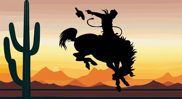 Silhouet Van Een Cowboy Een Paard Het Woestijnlandschap Texas Westelijke — Stockvector