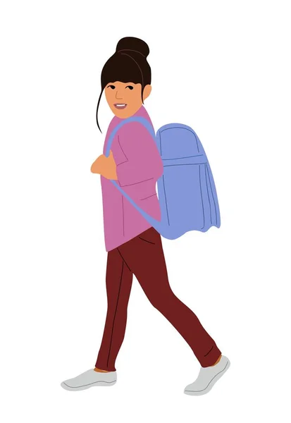 Mädchen Fuß Zur Schule Mit Rucksack Seitenansicht Kind Vektor Illustration — Stockvektor