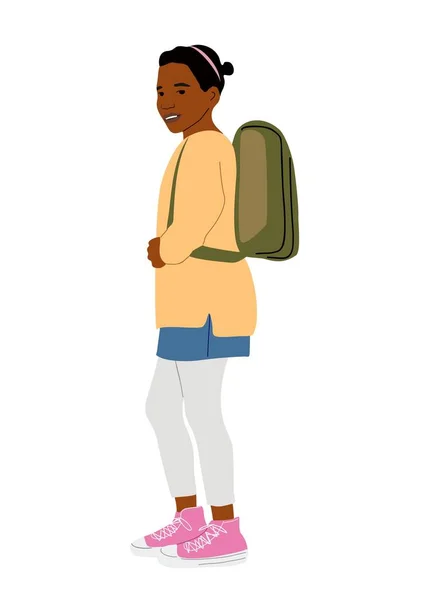 带着背包边景步行去学校的黑人女孩 在白色背景下孤立的非裔美国儿童矢量图解 — 图库矢量图片