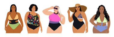Beyaz arka planda izole edilmiş bikini vektörü gerçekçi illüstrasyonlu kıvrımlı kızlar. Artı mayolu maketler. Vücut pozitif konsept. Farklı ten renkleri olan güzel kadınlar. 