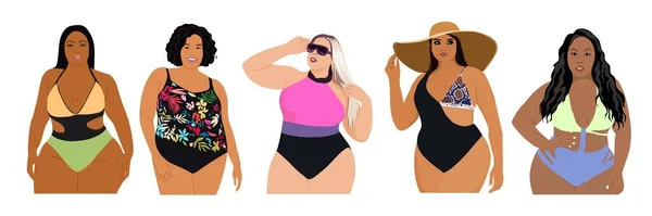 Chicas Curvas Bikini Vector Ilustración Realista Aislado Sobre Fondo Blanco — Vector de stock