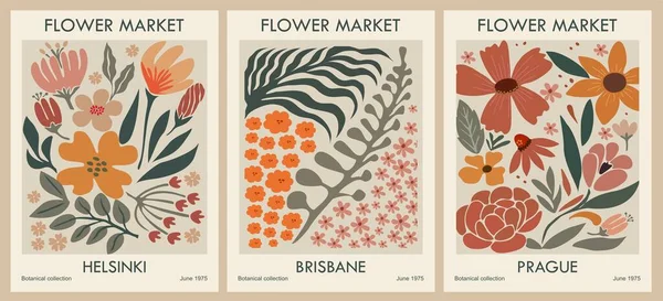 Sada Abstraktních Plakátů Květinového Trhu Trendy Botanické Nástěnné Umění Květinovým — Stockový vektor
