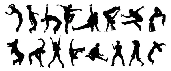 Siluetas Gente Bailando Bailarinas Adolescentes Hip Hop Breakdance Esquema Dibujo — Vector de stock