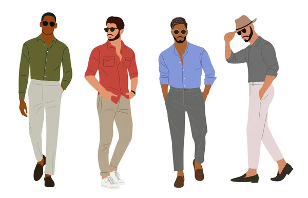 Stilvolle Junge Männer Sommerlichem Straßenmode Outfit Schöne Geschäftsleute Schicker Lässiger — Stockvektor