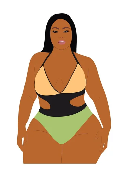 黑色卷曲女孩在比基尼矢量现实的例子孤立在白色背景 非裔美国人 尺寸的泳衣模特 身体正面的概念 美丽的女人性格 — 图库矢量图片