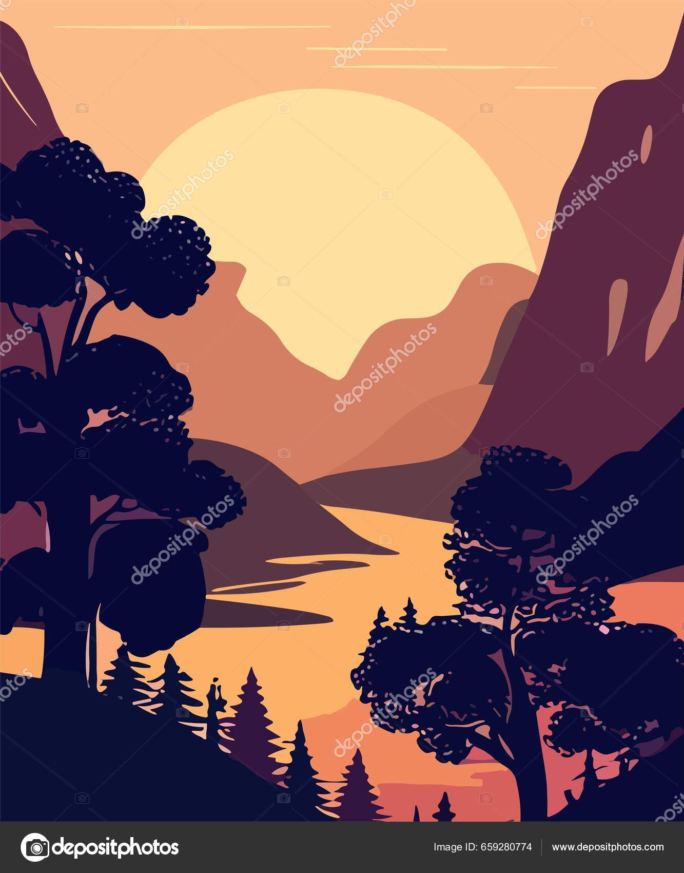 Sunset Mountains Landscape Abstract Art Background Minimalist Design