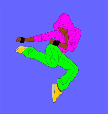 Genç dansçı hip hop, breakdance ana hatları vektör çizimi mavi arka planda izole. Parlak neon kıyafetlerle sokak dansı yapan genç havalı zenci kız. Kore Japon çizgi film stili..